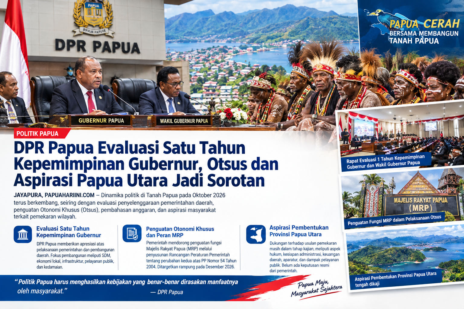 Politik Papua Oktober 2026: Evaluasi Satu Tahun Kepemimpinan, Otsus, dan Aspirasi Pemekaran Jadi Sorotan.